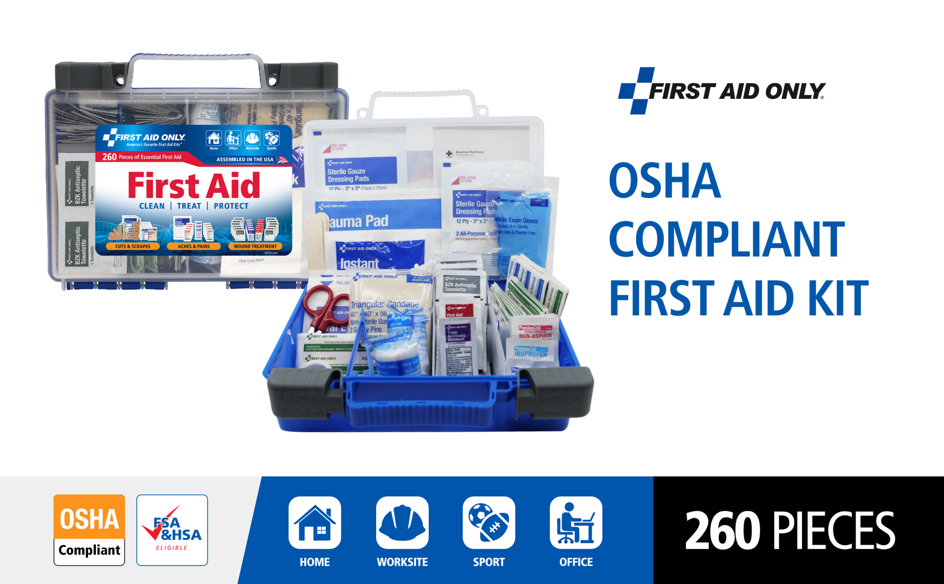 First Aid Only 91248 OSHA-Compliant First Aid Kit, All-Purpose 50-Person Emergency First Aid Kit for Business, Worksite, Home, and Car, 260 Pieces