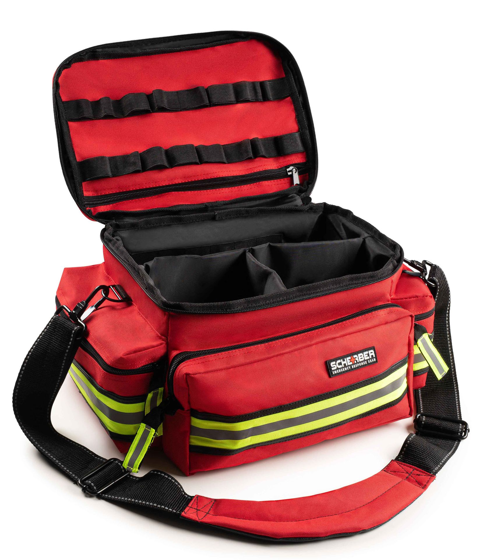 Scherber First Responder Fully-Stocked Professional Essentials EMT/EMS Trauma Kit | HSA/FSA Approved | Reflective Bag w/8 Zippered Pockets & Compartments & 200+ First Aid Supplies - Red