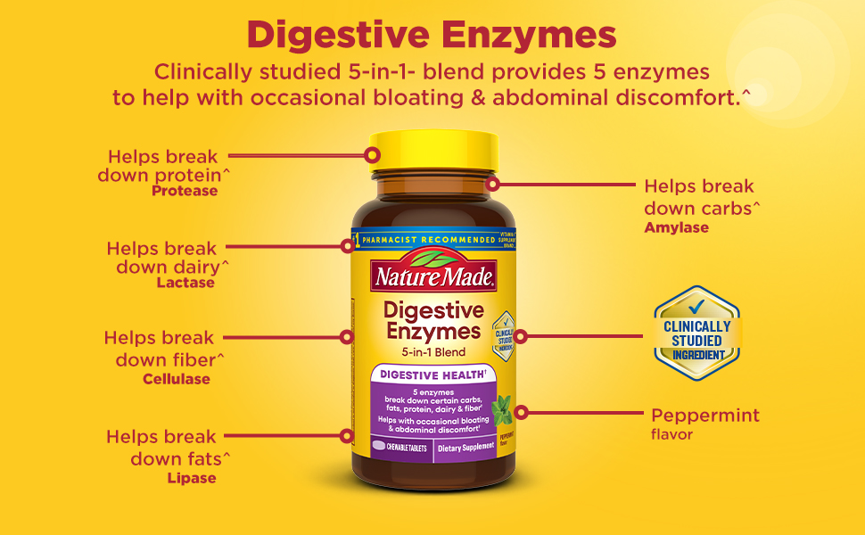 Nature Made Digestive Enzymes 5-in-1 Blend, 90 Chewable Tablets