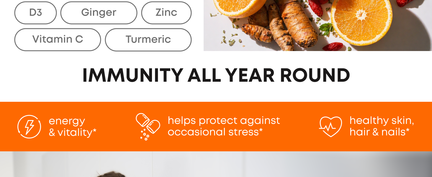 Immune Support Supplement - Turmeric, Vitamin C with Zinc, D3, Elderberry