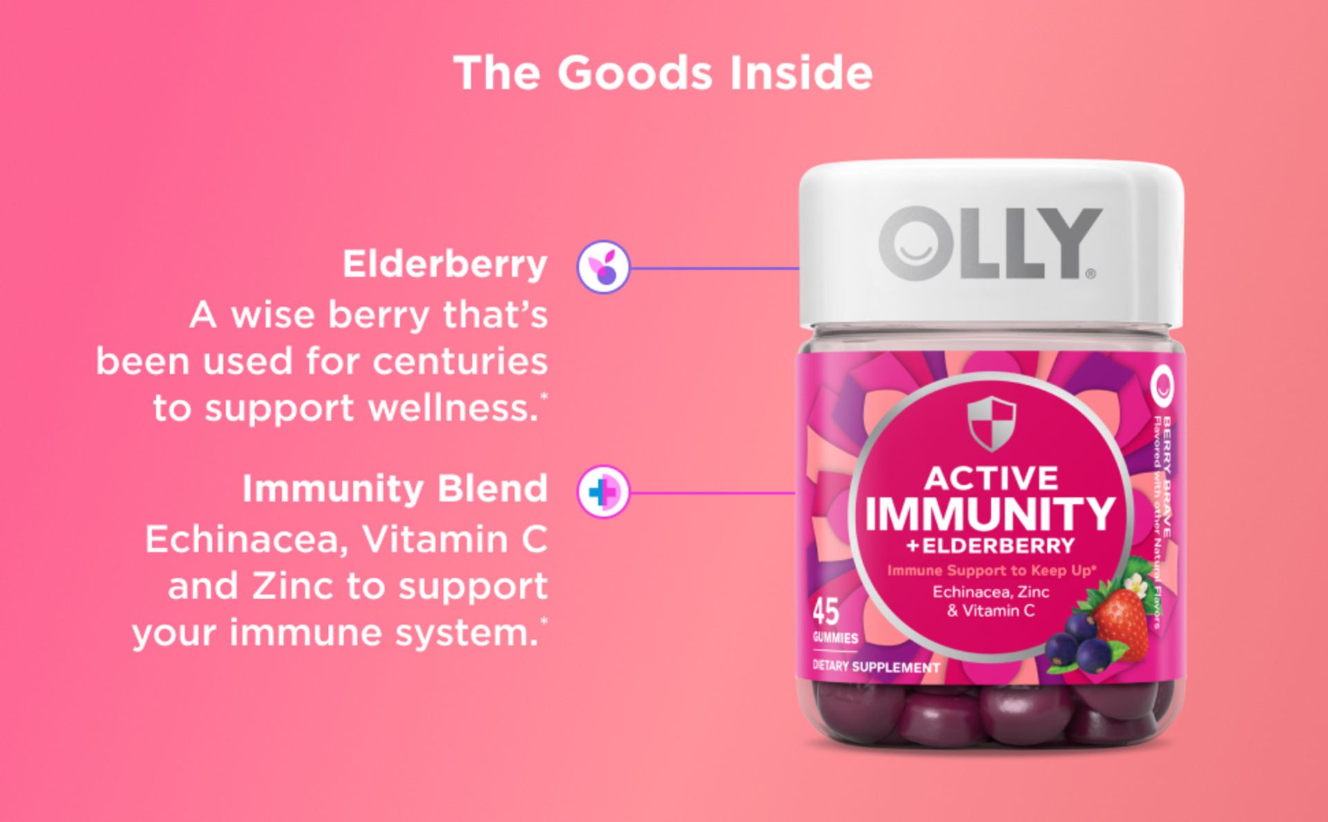 Olly Gummy Active Immunity+Elderberry, 45 Gummies (1 Pack), Berry Flavor