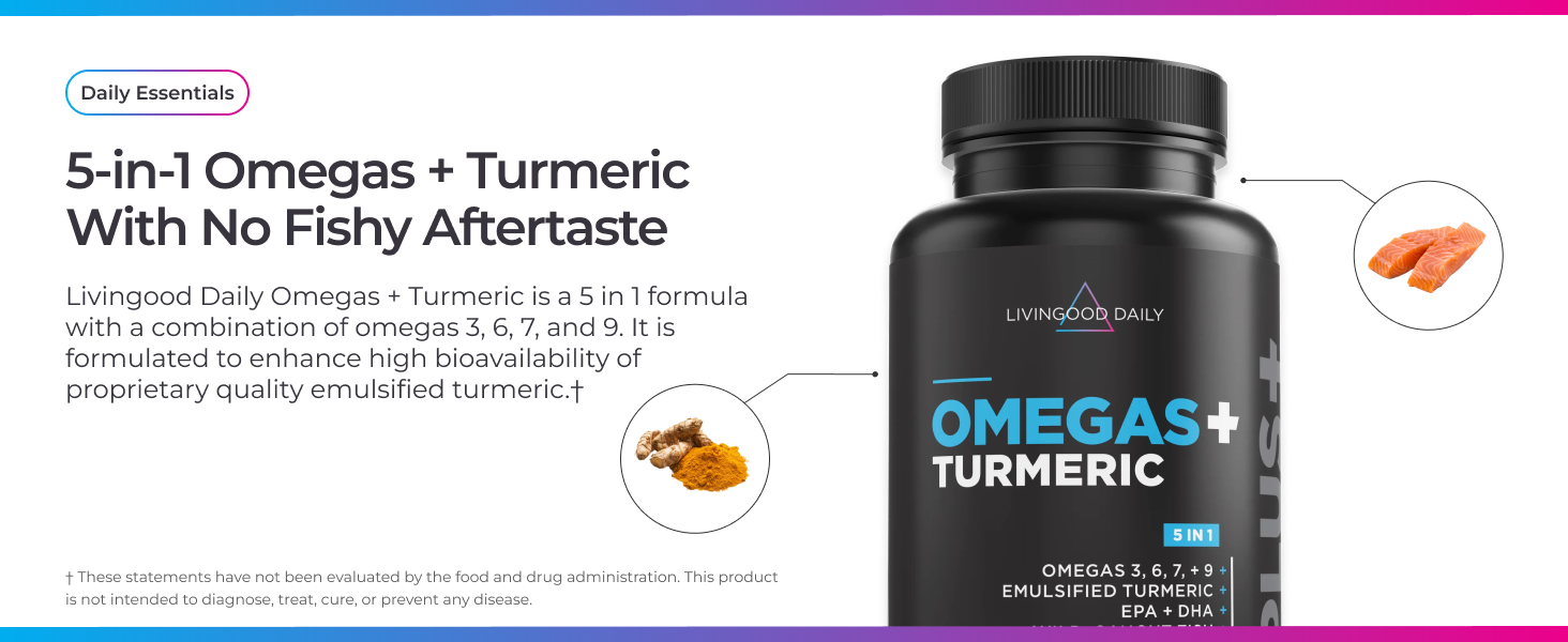 Livingood Daily Omega 3 6 7 9 Plus Turmeric Curcumin Supplement, 60Softgels