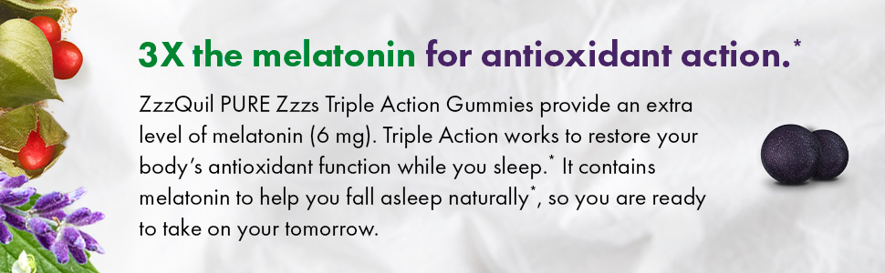 ZzzQuil PURE Zzzs Triple Action, Melatonin Gummies, Melatonin 6mg, 3X Melatonin, Sleep Aid with Ashwagandha, Calm Mood, Antioxidant Action, Sleep Aids for Adults, 60 Sleep Gummies