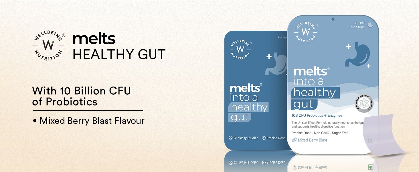 Wellbeing Nutrition Melts Healthy Gut | 10B CFU Probiotics, Digestive Enzymes, FOS | For Indigestion, Gas, Acidity and Bloating, Gut Health, 30 Oral Strips