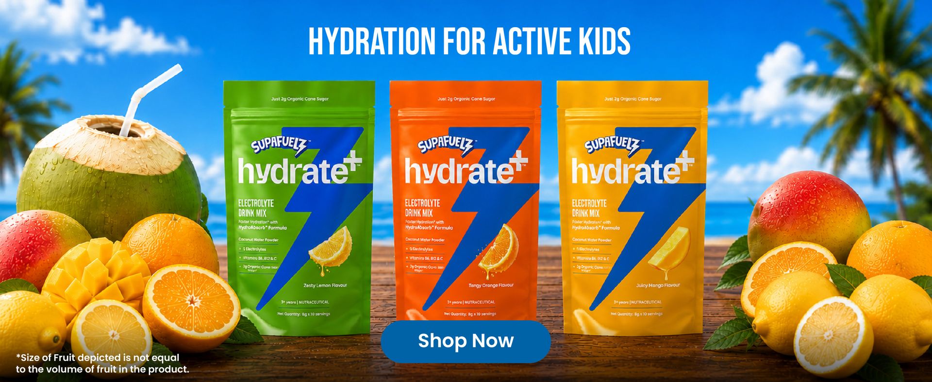 Hydrate+ Kids Electrolyte Powder | Coconut water 5 salts 3 vitamins | Mango (10 x 8g)