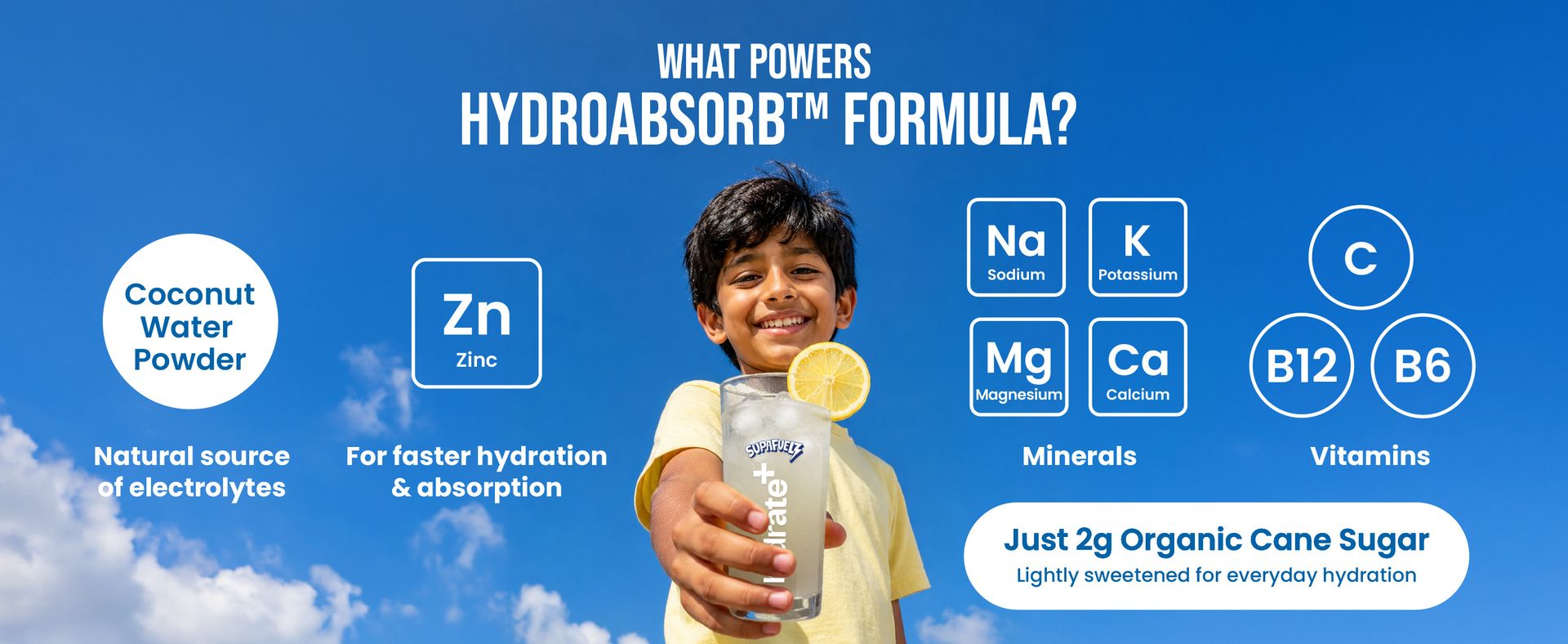 Hydrate+ Kids Electrolyte Powder | Coconut water 5 salts 3 vitamins | Mango (10 x 8g)