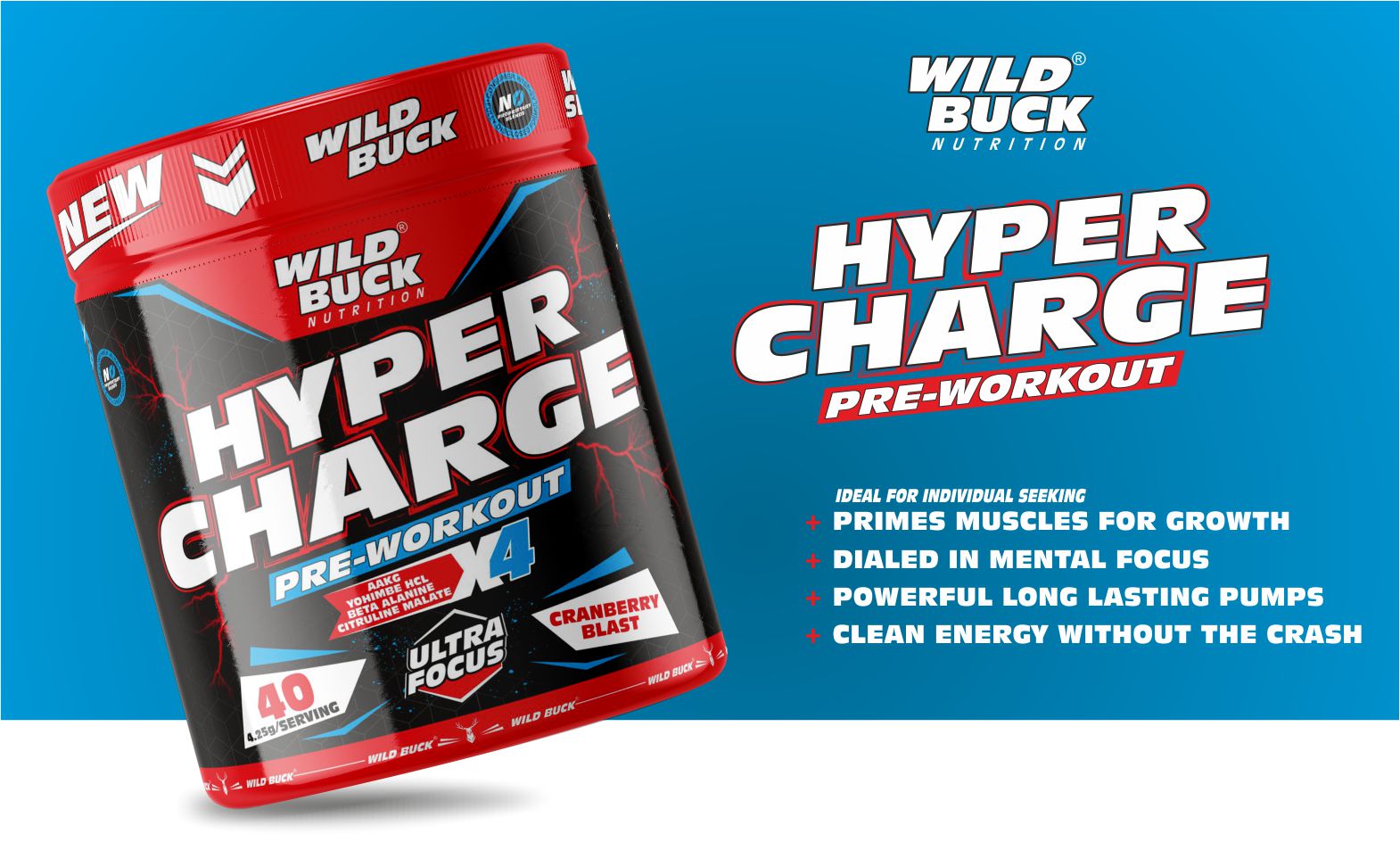 WILD BUCK Hyper Charge Pre-X4 Hardcore Pre-Workout Supplement powder with Creatine Monohydrate,Arginine AAKG,Explosive Muscle Pump,Caffeinated Punch For Unisex[40 Serv,Cranberry Blast], 170 grams