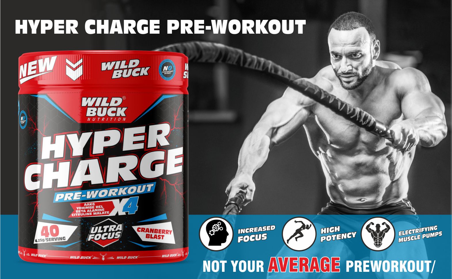 WILD BUCK Hyper Charge Pre-X4 Hardcore Pre-Workout Supplement powder with Creatine Monohydrate,Arginine AAKG,Explosive Muscle Pump,Caffeinated Punch For Unisex[40 Serv,Cranberry Blast], 170 grams