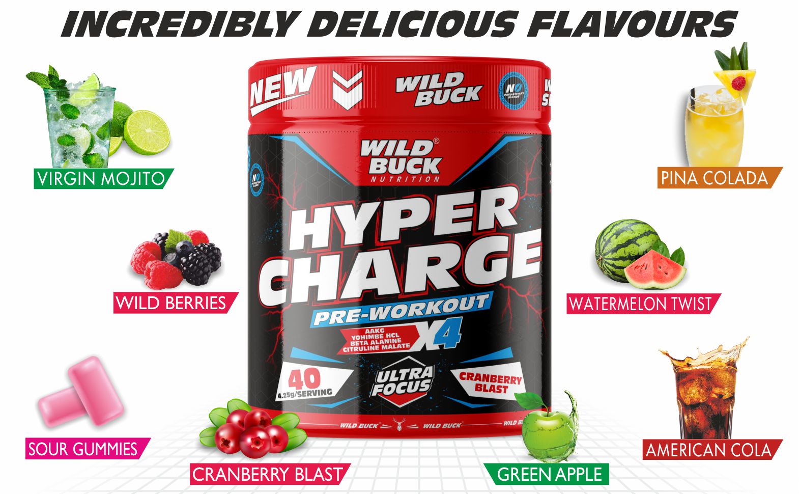 WILD BUCK Hyper Charge Pre-X4 Hardcore Pre-Workout Supplement powder with Creatine Monohydrate,Arginine AAKG,Explosive Muscle Pump,Caffeinated Punch For Unisex[40 Serv,Cranberry Blast], 170 grams
