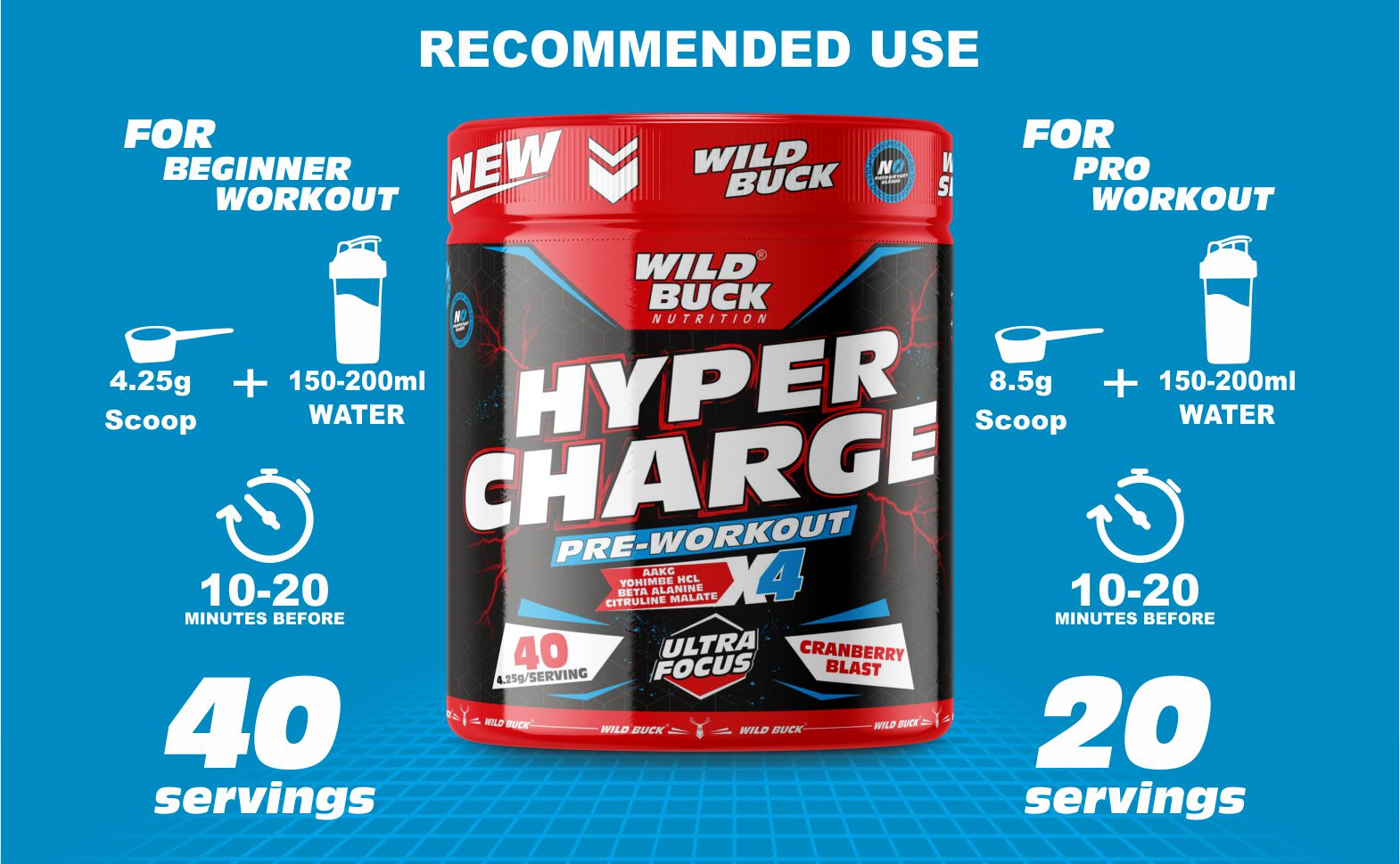 WILD BUCK Hyper Charge Pre-X4 Hardcore Pre-Workout Supplement powder with Creatine Monohydrate,Arginine AAKG,Explosive Muscle Pump,Caffeinated Punch For Unisex[40 Serv,Cranberry Blast], 170 grams