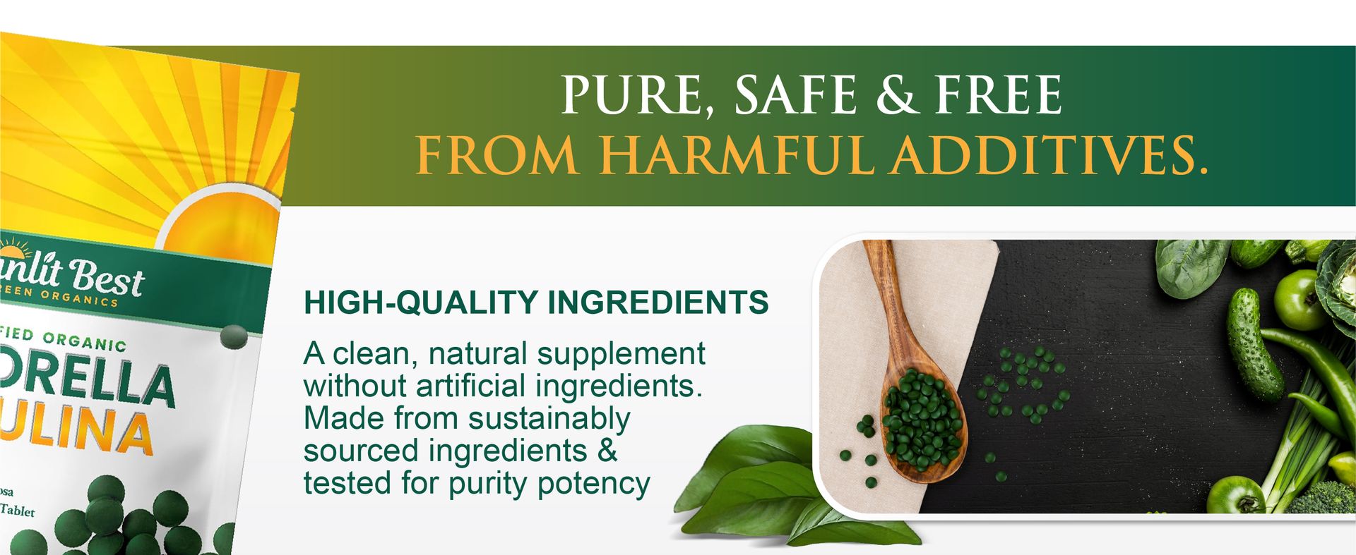 Sunlit Best Organic Chlorella Spirulina Tablets, Green Algae Pills, 500 CT