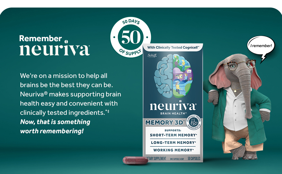 NEURIVA Memory 3D Brain Supplements for Memory and Focus, Vitamin B12 & B6, Folic Acid, 50 Count Capsules