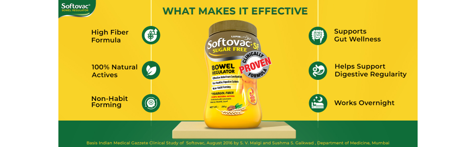 Softovac Isabgol Fiber Plus+ Formula 250g | Sugar free | Psyllium Husk + Natural Actives | Complete Relief from Constipation, Gentle on Stomach - Natural Bowel Regulator for Adults