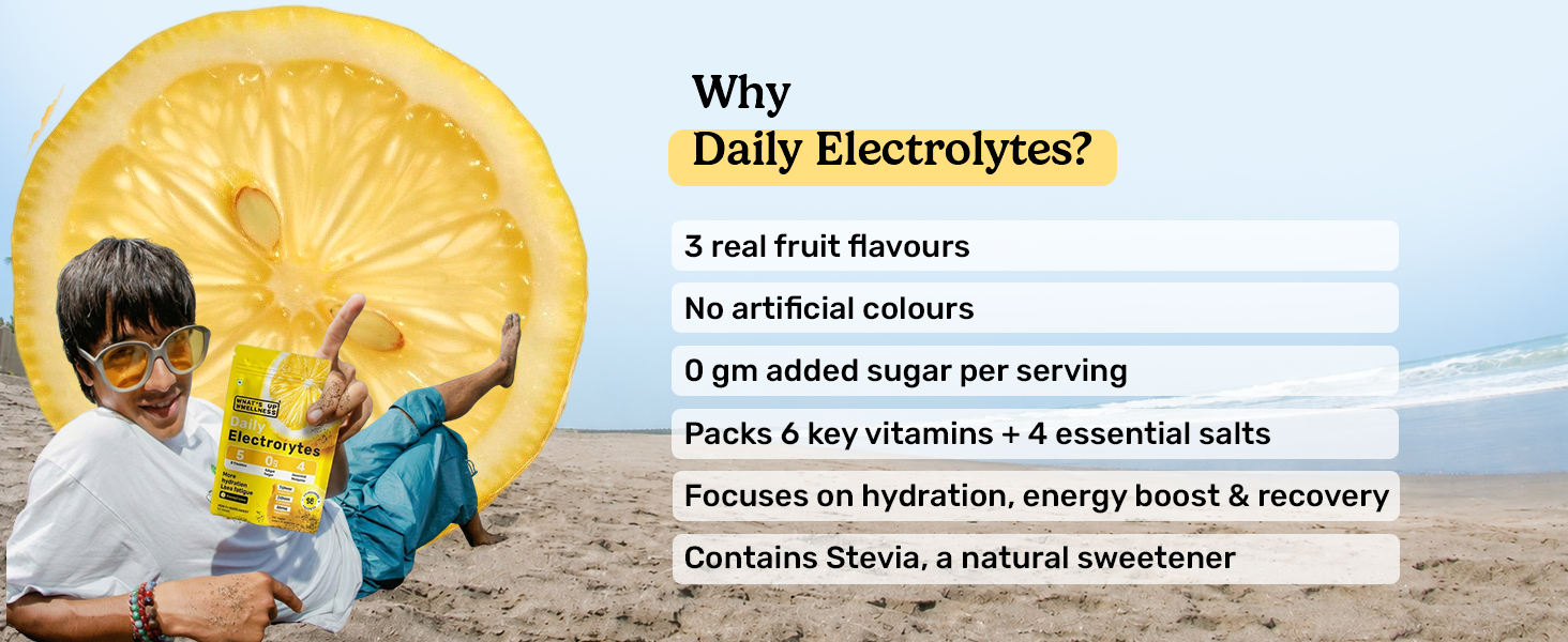 What's Up Wellness Daily Electrolytes Powder - Assorted Flavour Pack | Zero Added Sugar | Instant Hydration - Sodium, Potassium, Magnesium & Zinc | Vegan - 15 Sachets