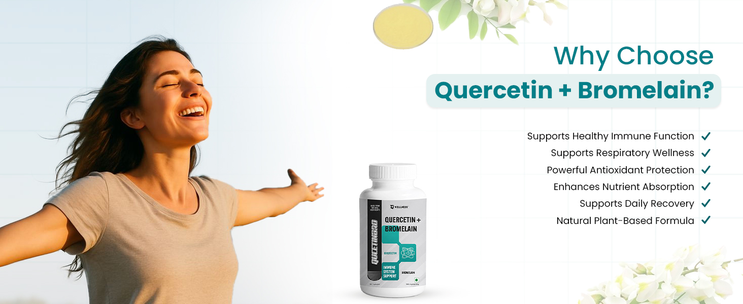TQ Wellness Quercetin with Bromelain, Quercetin 400 mg & Bromelain 82.5mg per capsule, QUCETINBRO Helps Synergistic Action Respiratory Health, Immunity, Cardiovascular Health- 60 Capsules