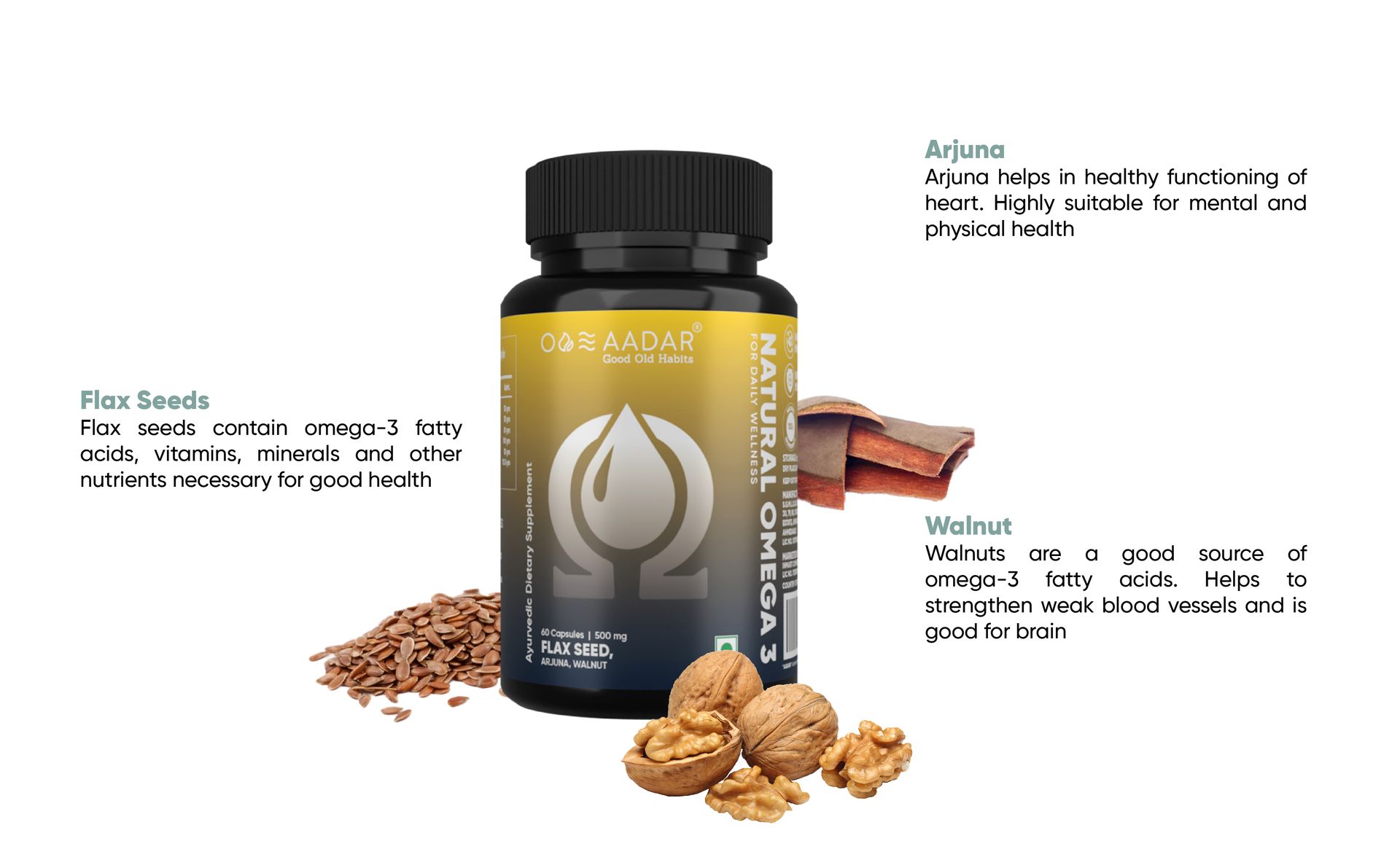 AADAR NATURAL OMEGA 3 | Vegan Omega3 Fatty Acid & Immunity Supplement for Men and Women |Flaxseed, Arjuna, Walnut - No Fish Oil | 60 Capsules(Pack of 2)