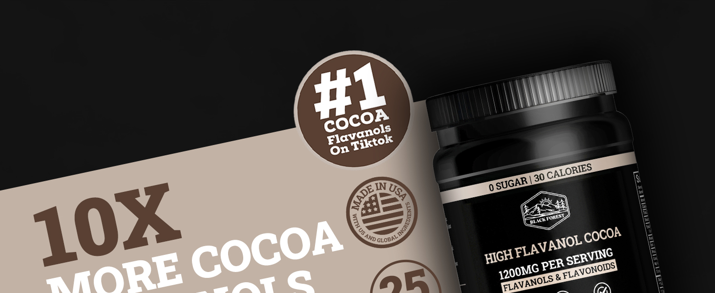 Black Forest High Flavanol Cocoa Powder - 1200mg Flavanols & Flavonoids with 600mg Epicatechin - 10X Concentrated Dark Cocoa Extract for Nitric Oxide and Wellness Support - Non-GMO Vegan