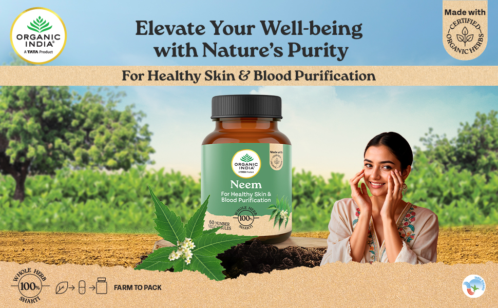 A TATA Product - Organic India Neem Blood Purifier - 60 Veg Capsules, Natural Blood Purifier, Plant-Based Anti-Bacterial, Anti-Viral, With Immunity Boosting Properties, GMP & NPOP Certified Organic
