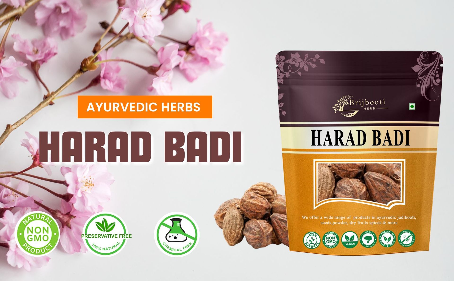Brijbooti Natural Harad badi Whole - 200 Gm - Kadukkai - Karakkaya - Yellow Terminalia Chebula, Haritaki | FSSAI, GMP, ISO Certified
