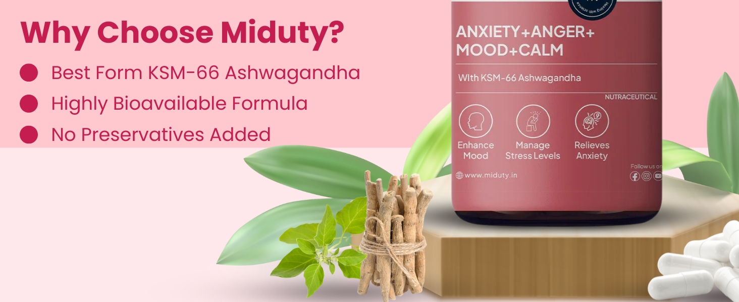 Miduty Anxiety Anger Mood Calm Supplement Helps in Happy Mood & Anti Depressant,Stress Reduce|KSM-66 Ashwagandha Root 800mg with Holy Basil Leaf Extract 200 mg,L Theanine|Non Addictive|60 Capsules