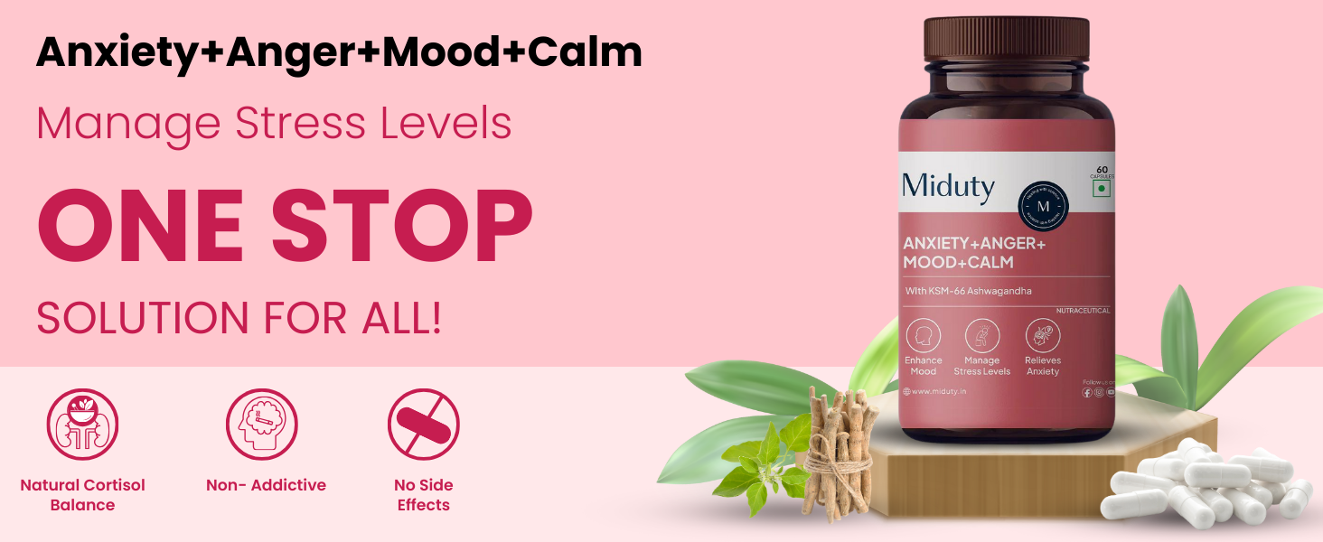 Miduty Anxiety Anger Mood Calm Supplement Helps in Happy Mood & Anti Depressant,Stress Reduce|KSM-66 Ashwagandha Root 800mg with Holy Basil Leaf Extract 200 mg,L Theanine|Non Addictive|60 Capsules