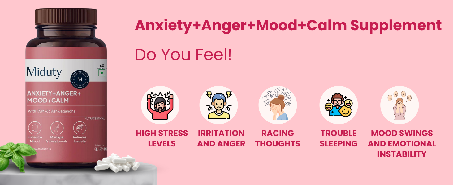 Miduty Anxiety Anger Mood Calm Supplement Helps in Happy Mood & Anti Depressant,Stress Reduce|KSM-66 Ashwagandha Root 800mg with Holy Basil Leaf Extract 200 mg,L Theanine|Non Addictive|60 Capsules