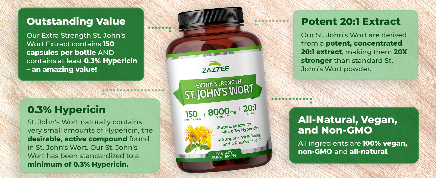 Zazzee Extra Strength St. John’s Wort 20:1 Extract, 0.3% Hypericin, Vegan
