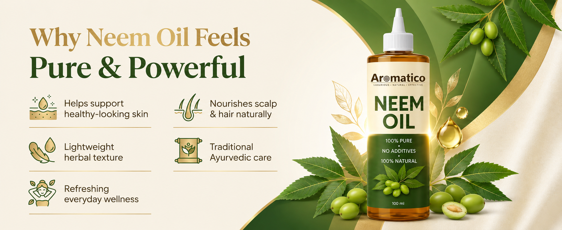 AROMATICO Neem Oil for Skin, Face & Body - Cold Pressed Neem Oil for Dry Skin, Hair & Scalp Care | Natural Neem Hair Oil & Plant Care Oil | 100ml