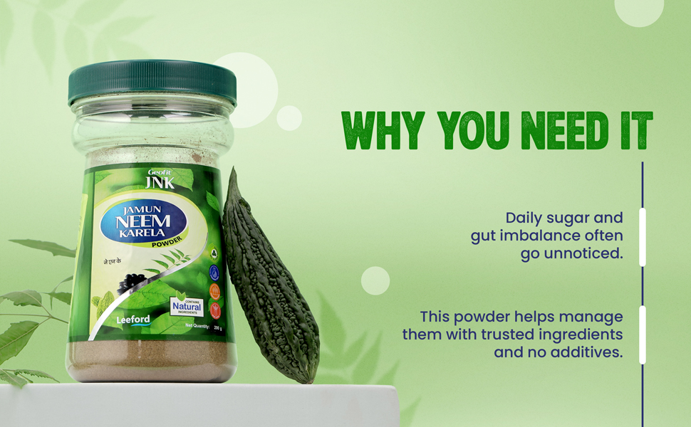 Geofit Jamun Neem Karela Powder - 200g (Pack of 2 | Helps Control Blood Sugar Level & Reduces Bad Cholesterol | Maintain Sugar Level | Enriched with Neem, Jamun & Karela Herbs
