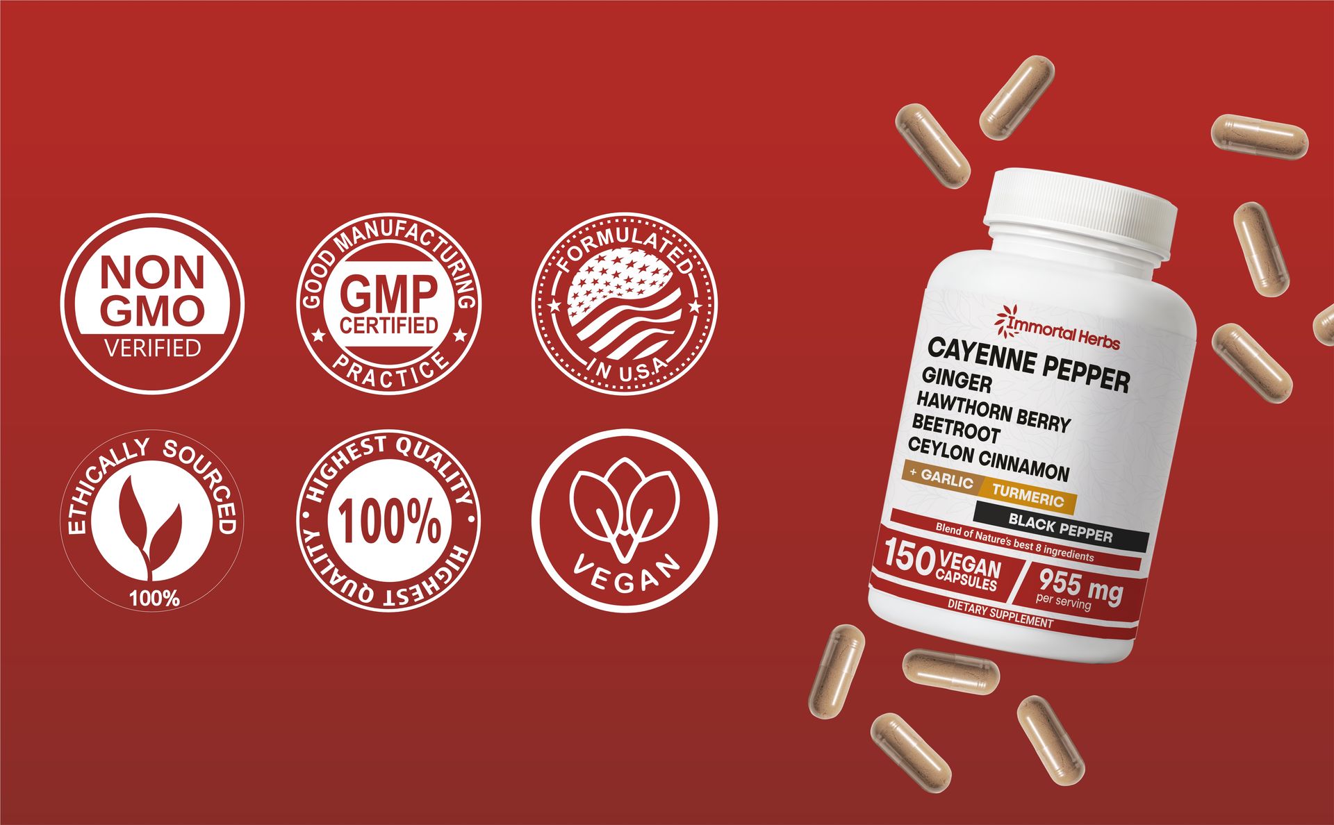 Cayenne Pepper Capsules w/Garlic, Ginger, Hawthorn, Turmeric, Cinnamon, Beet Root and Black Pepper Extract, 150 Cayenne Capsules, Non-GMO & Gluten Free Capsaicin Supplement