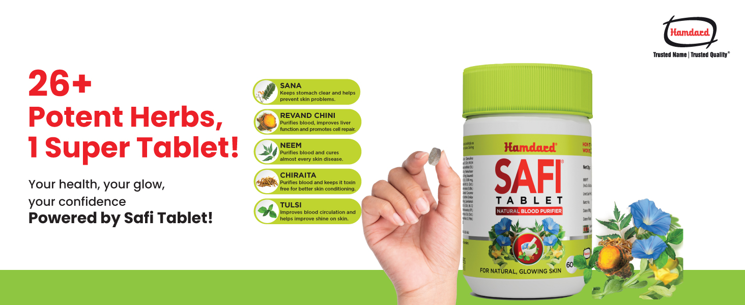 Hamdard Safi Tablet for Healthy & Glowing Skin | Pack of 2 | Natural Blood Purifier | Anti-Bacterial & Detoxifier - 60 Tablets Each