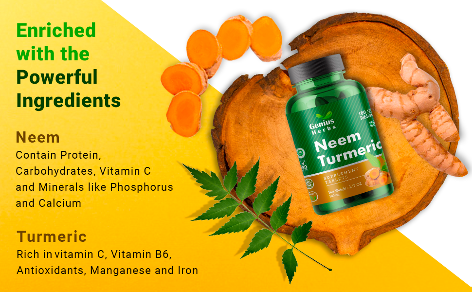 Neem Turmeric Tablets 500mg – 180 Tablets (45 Days Supply, Pack of 1) | Ayurvedic Herbal Detox & Immunity Booster Supplement | Supports Skin Health, Digestion & Overall Wellness | Vegan, Non-GMO