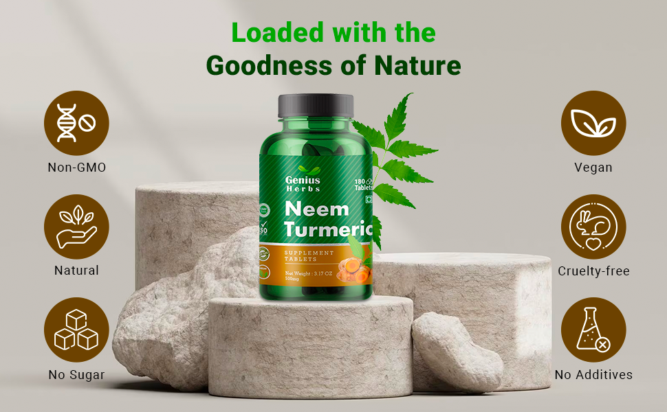 Neem Turmeric Tablets 500mg – 180 Tablets (45 Days Supply, Pack of 1) | Ayurvedic Herbal Detox & Immunity Booster Supplement | Supports Skin Health, Digestion & Overall Wellness | Vegan, Non-GMO