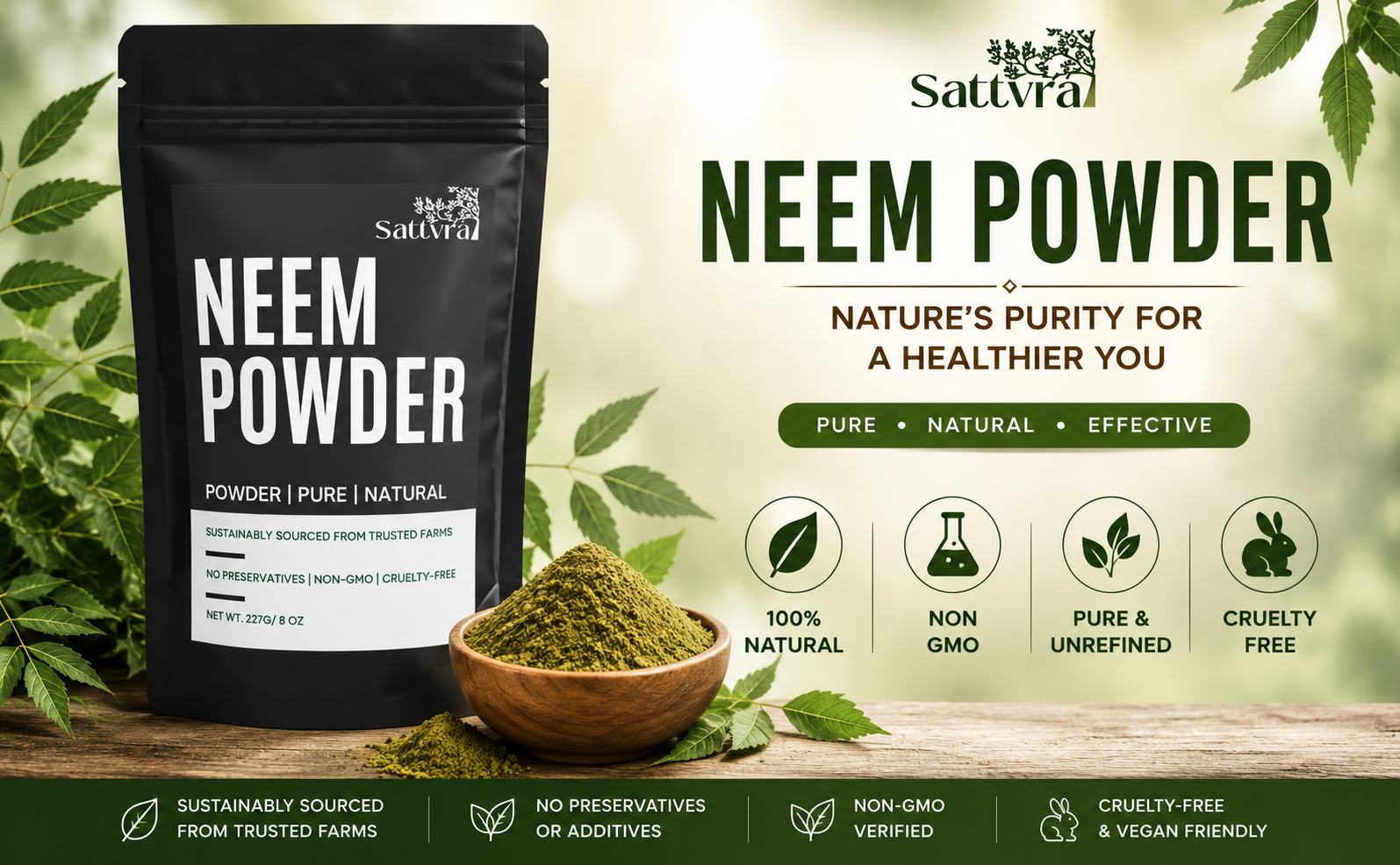 Pure Neem Powder 227g | Azadirachta Indica | Neem Leaf Powder for Acne, Pimples & Clear Skin | Hair Growth & Scalp Care | Blood Purifier | Edible | 100% Natural