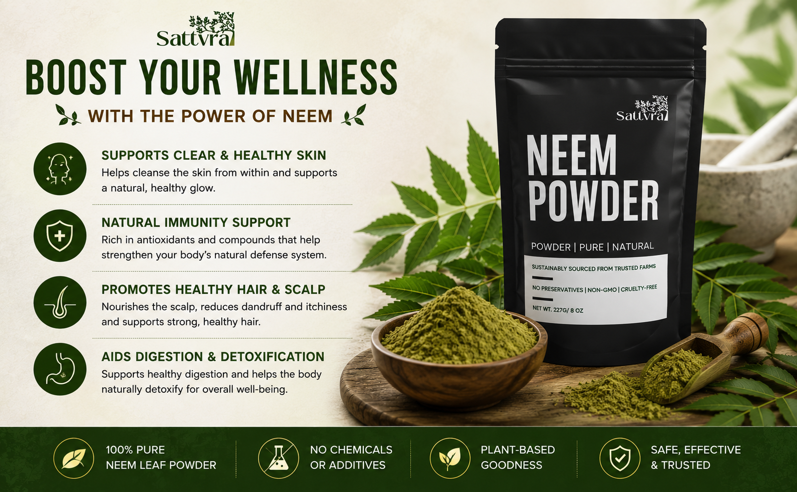 Pure Neem Powder 227g | Azadirachta Indica | Neem Leaf Powder for Acne, Pimples & Clear Skin | Hair Growth & Scalp Care | Blood Purifier | Edible | 100% Natural