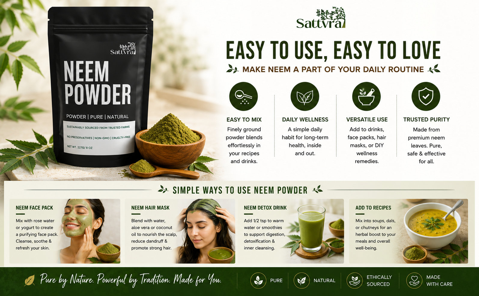 Pure Neem Powder 227g | Azadirachta Indica | Neem Leaf Powder for Acne, Pimples & Clear Skin | Hair Growth & Scalp Care | Blood Purifier | Edible | 100% Natural