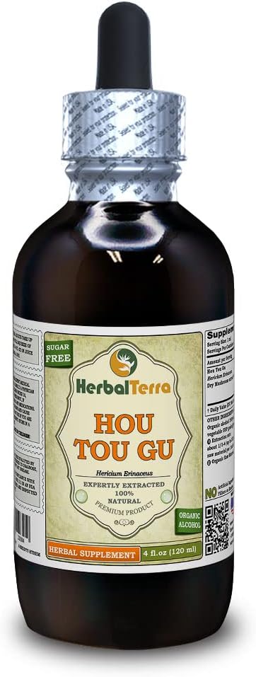 HOU TOU Gu (Hericium Erinaceus) Tinktūra, žāvēta sēņu šķidruma ekstrakts (Bremžu nosaukums: HerbalTerra, Proudly Made in USA) 4 fl.oz (120 ml)