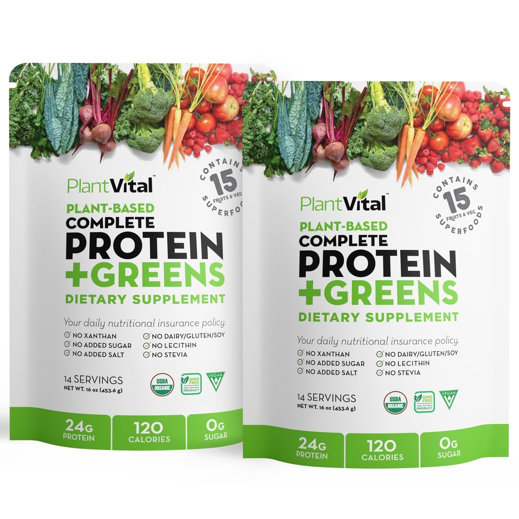 Plantvital Neuzliesmojošs Organic Vegan Olbaltumvielu Pulveris - 15 Superfoods, Veggies un Probiotikas - Organic Plant-Based Olbaltumvielu Pulveris - Visas BCAA s, bez lipekļa - 16oz (iepakojums no 2)