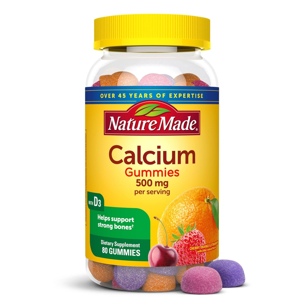 Daba Made kalcija Gummies 500 mg Per apkalpo ar vitamīnu D3, Diētiskā kalcija papildinājums kaulu atbalstam, 80 Gumijas, 40 dienu piegādes