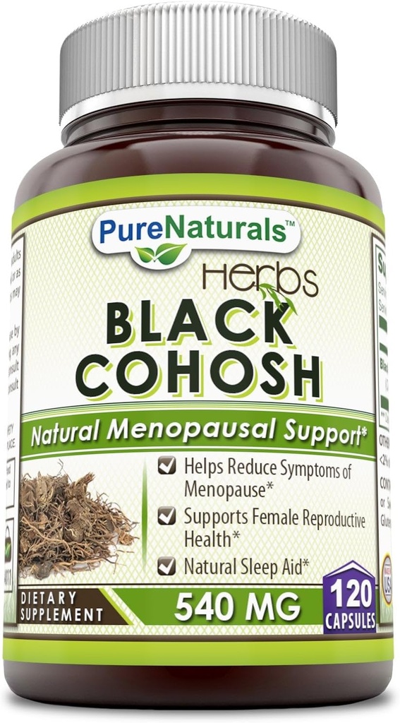 Pure Naturals Black Cohosh Menopause Relief - Dabīgi risinājumi menopauzes atbalstam - 540 Mg Papildinājums ar tīru saknes ekstraktu 120 kapsulas