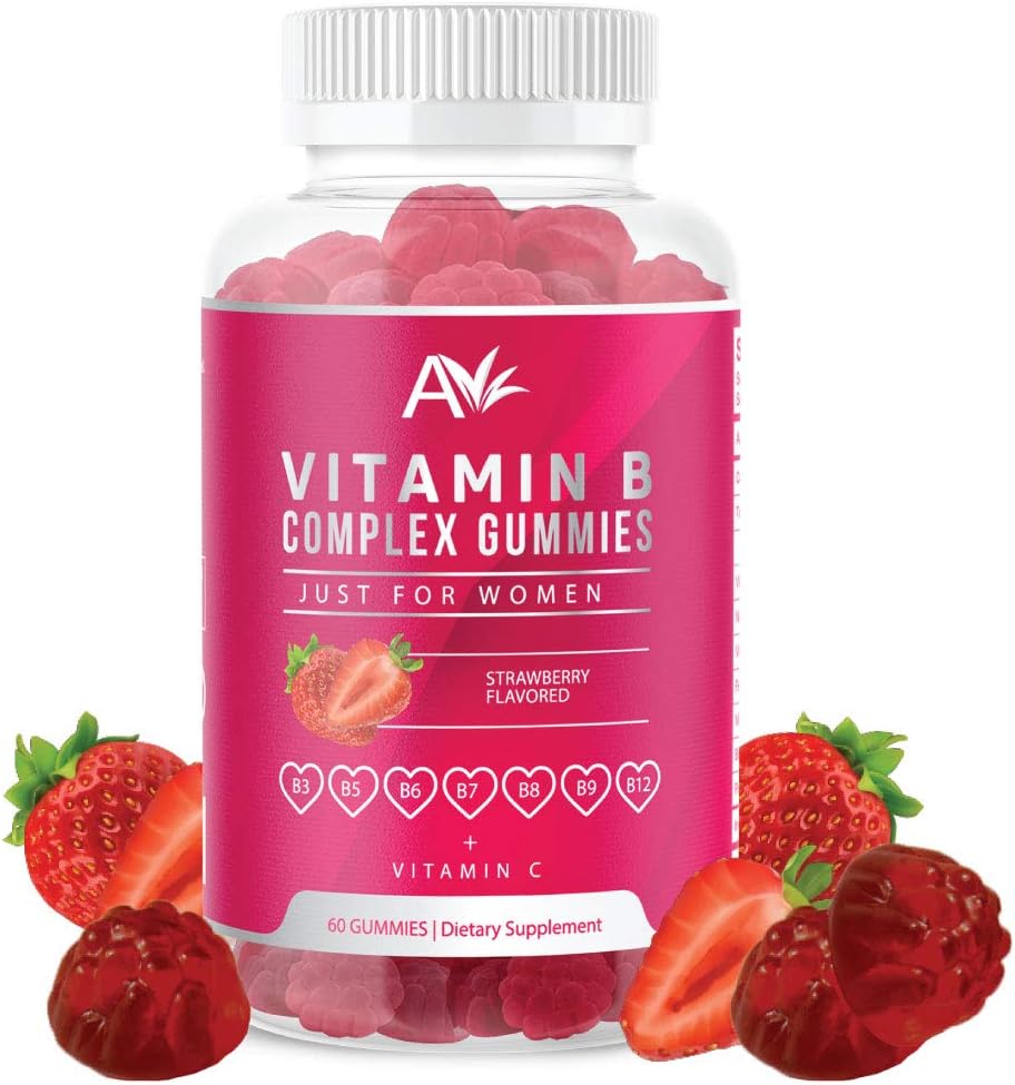 Avilana B vitamīna komplekss tikai sievietēm Vegan Gumijas ar vitamīnu B12, B7 (Biotīns), B6, B3 (Niacīns), B5, B6, B8, B9 (folāts), Enerģija un veselīga imūnā sistēma (1 iepakojums)