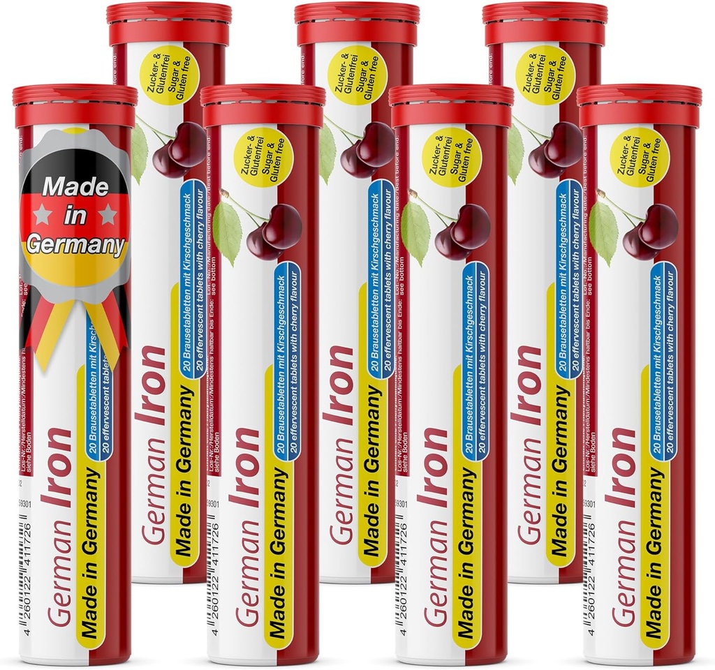 T&D vācu dzelzs 14 mg - 140 Vegan Drink Putojošās tabletes - Ķiršu Flavors - Ražots Vācijā