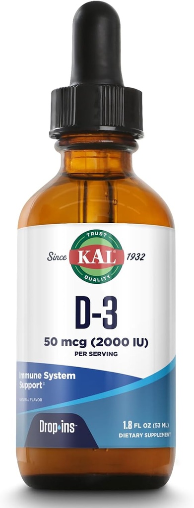 KAL D3 vitamīns 2000 SV (50 μg) DropIns - šķidrs D3 vitamīns D3 pilieni - Kaulu stiprums un imūnās atbalsta papildinājums - Veģetārietis, 60 dienu garantija, Approx. 590 Kalpojumi, 1.8oz