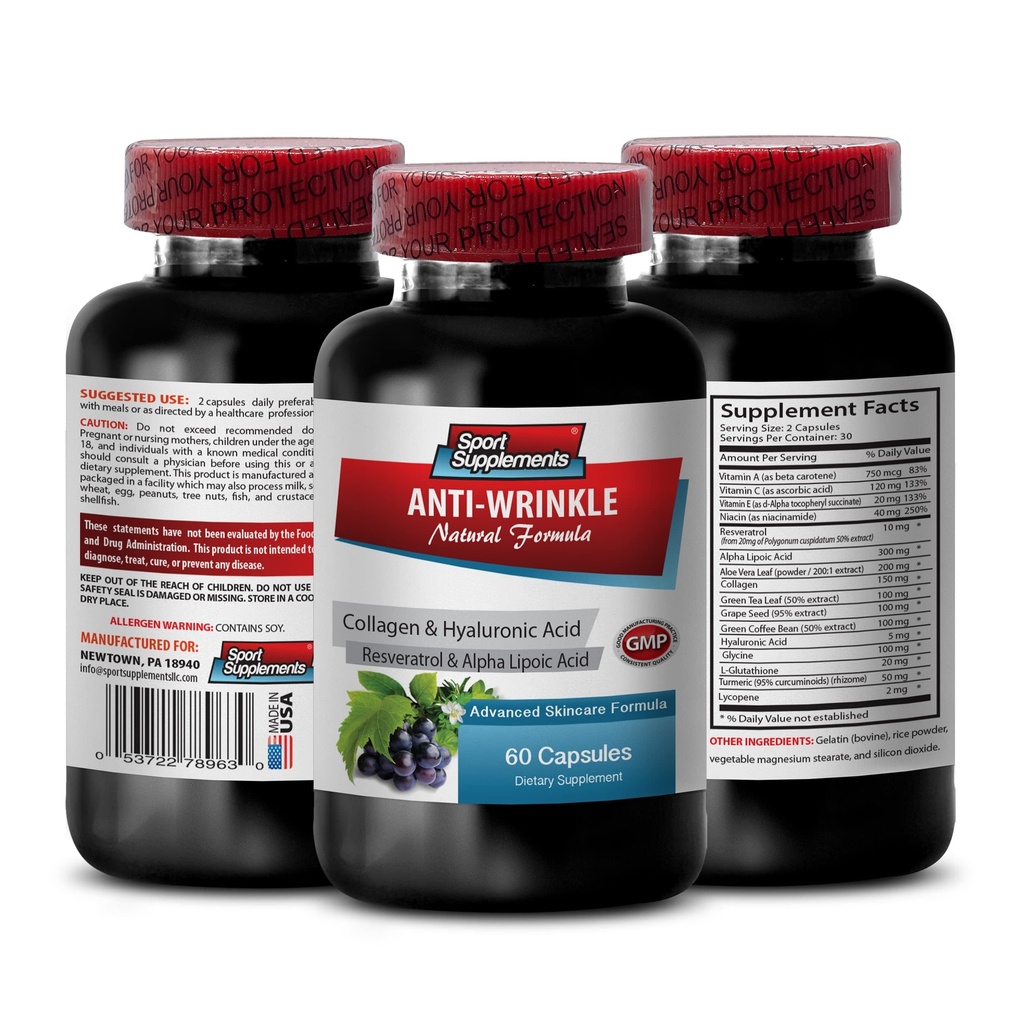 Resveratrol 250 - Pretgrumbu tabletes - Pretnovecošanās ādas kopšanas sievietēm, kolagēna pretgrumbu tabletes, alvejas sula ādai, alvejas kapsulas organiskās, traukoronskābes vitamīni, 1 Bot 60 kapsulas