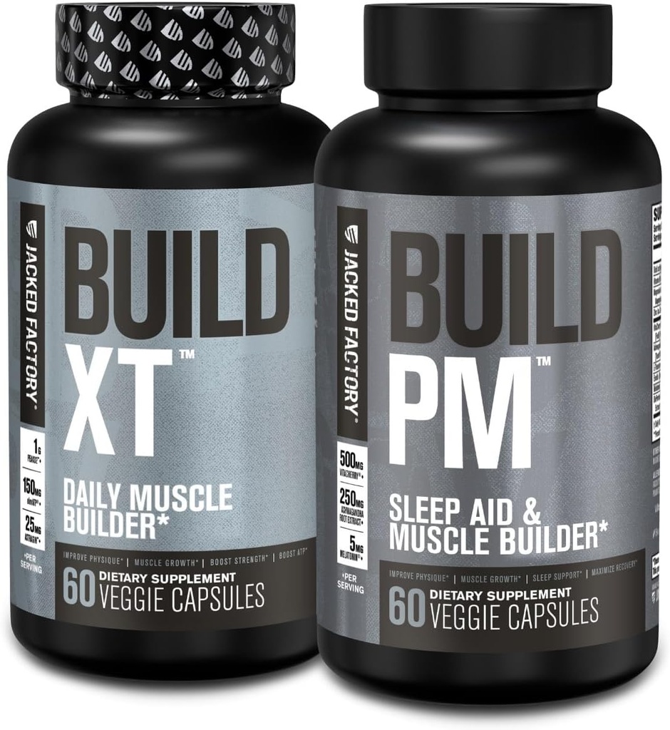 Jacked Factory AM & PM Muskuļu veidošanas papildinājums Stack - Build-XT Muskuļu celtnieks & Build PM nakts laiks Muskuļu augšanas un miega palīglīdzeklis