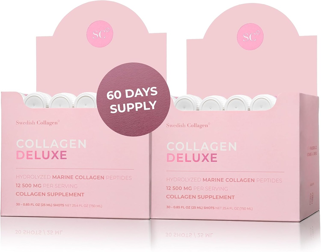 Kolagēns Deluxe 30 Shots x 2 I 8 Nedēļa Bundle I 12500 mg Marine Collagen (I un III tips) I Hialuronskābe, biotīns, C vitamīna I Bezcukura - 8 nedēļu piegādes