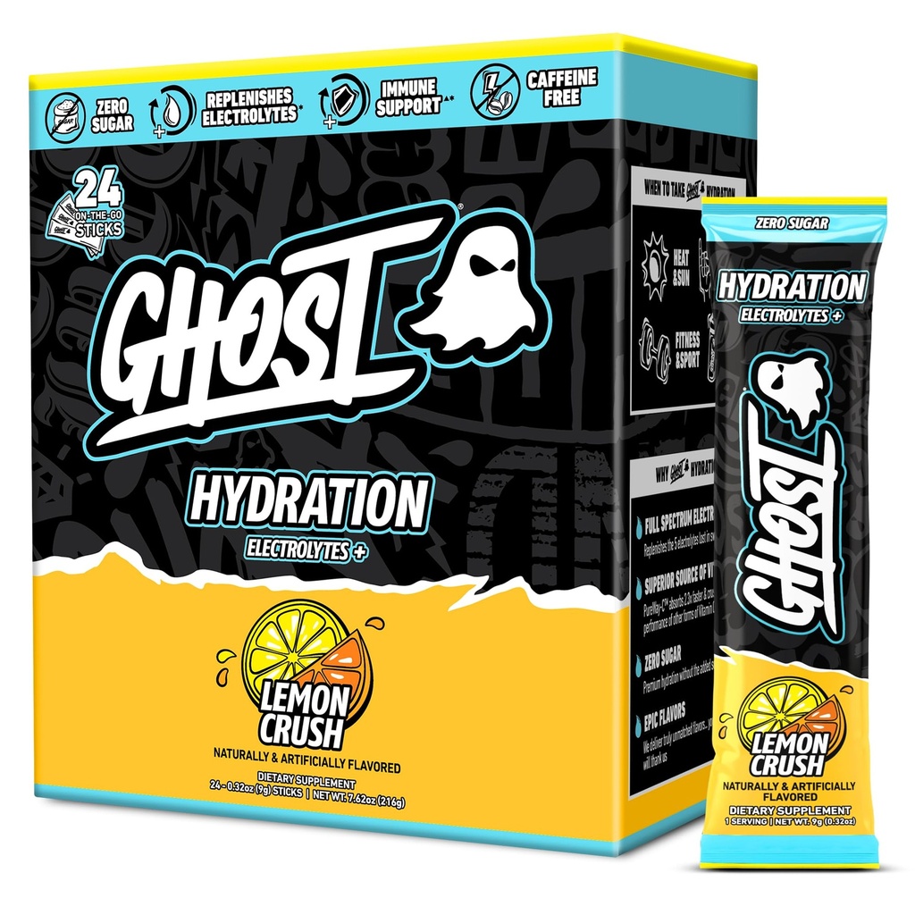 GHOST hidratācijas paketes, citronu suka, 24 Sticks, elektrolītu pulveris - dzēriens Mix Papildinājums ar magnija, Kālija, Kalcijs, C vitamīns - Vegan draudzīgi, bez sojas, cukura un glutēna