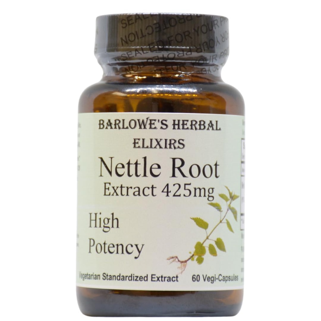 Barlowe herbal Elixirs Nattle Root Extract - Urtica Dioica ar 95% 3,4-Divaniltetrahidrofurānu - 425mg Kapsulā -- 60 Vegan Kapsulas bez stearāta --stikla pudeles