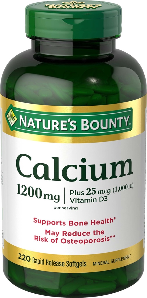 Dabas Bounty Calcium 1200 mg ar vitamīnu D3, kaulu veselību un imunitāti, vitamīnu D3 1000 SV, 220 Softgels