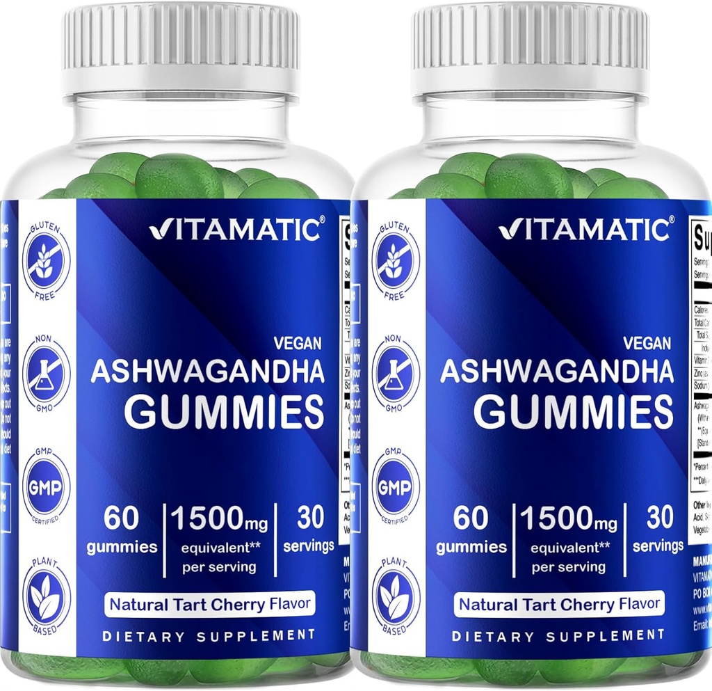 Vitamatic 2 Pack Ashwagandha Gummies 1500 mg Ekvivalents Per Serving (no 30:1 Extract 50 mg) - 60 Vegan Gumies - 3% Witanolides